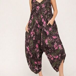 Free People Oversized Draped Jumpsuit Dress Illusion Pockets Tropical Sz S